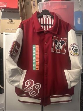 Red and White Varsity Bomber Jacket with Mickey Logo Size Men XLarge/Women XXLar